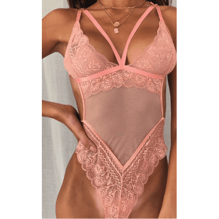 

Eyicmarn Women Sexy Lace Lingerie Hollowed Out Floral See Through Jumpsuit Deep V-neck Sleeping Romper