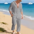 thumbnail image 5 of ZVNAΖH Men's Boho Linen 2-Piece Set Long Sleeve Hooded Button Up Shirt & Drawstring Pants Summer Beach Casual Outfit, 5 of 9