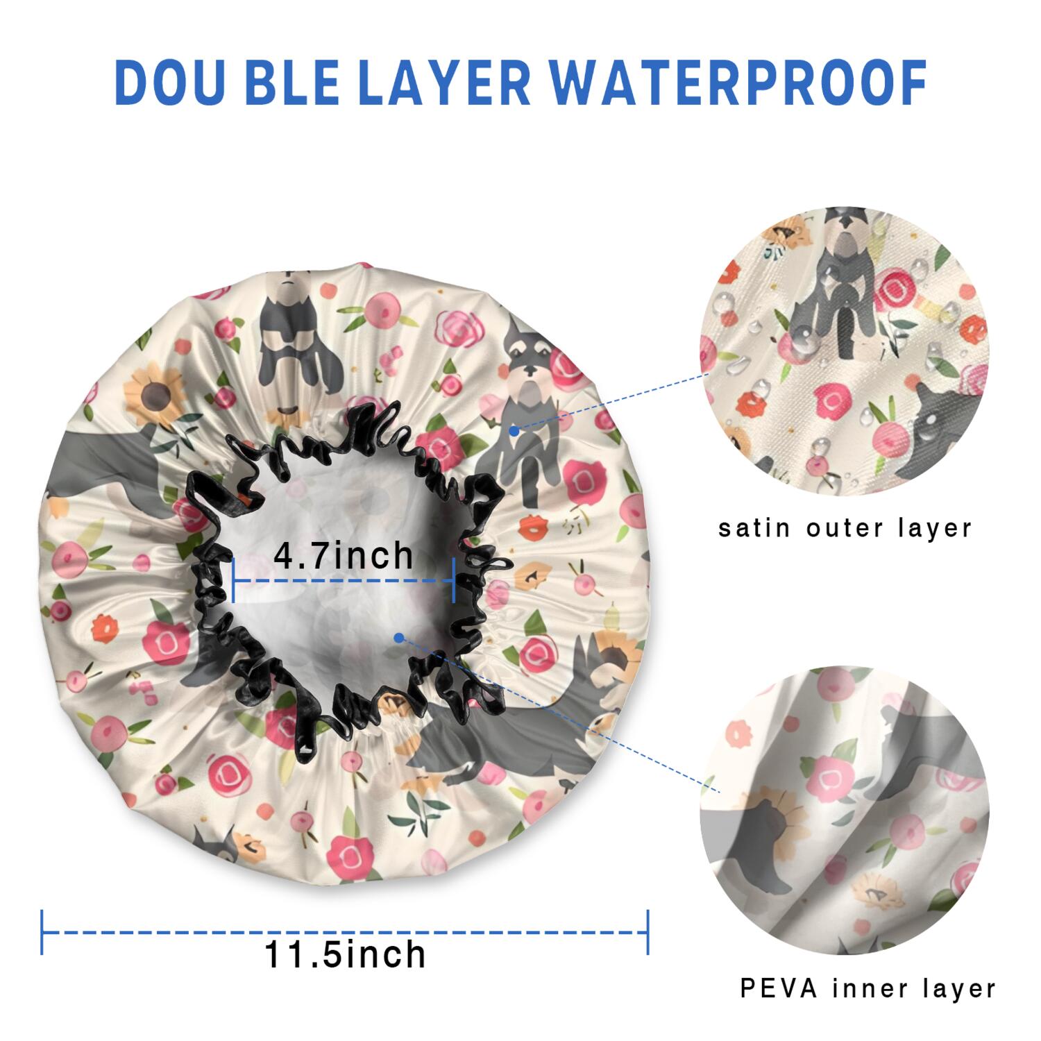 Shower Caps,Schnauzer Dog and Pioneer Flower Waterproof Shower Cap for Women 4 Pieces,Double Reusable Hair Cover for Shower PEVA Elastic Stretch Hem