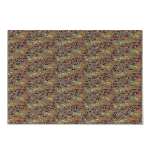 Burnt Orange Cutting Board, Cartoonish Autumn Leaves Acorns and Berries Seasonal Nature Foliage, Decorative Tempered Glass Cutting and Serving Board, in 3 Sizes, by Ambesonne