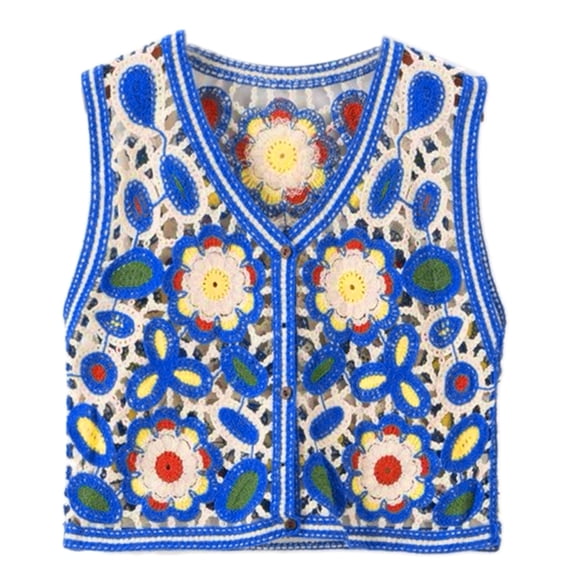 Elegant Hollow Floral Waistcoat Women Buttons Front Top Crochet Embroidery Sweater Vest for Daily Wear