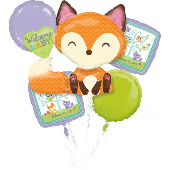 Fox Woodland Animals Boy or Girl Welcome Baby Shower 5 Party Mylar Balloons Set