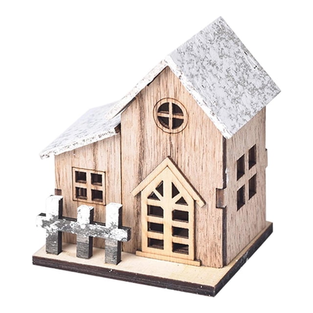 Decoración navideña de casa de madera con escena iluminada y luz LED de nieve. B