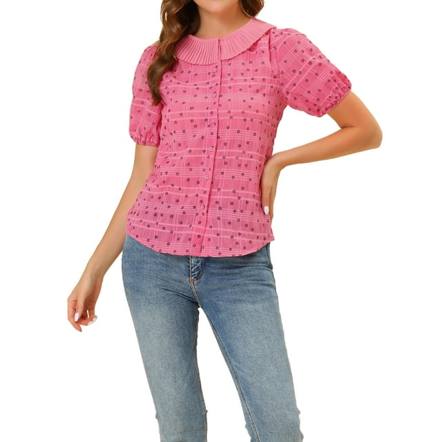 INSPIRE CHIC Women's Floral Puff Sleeves Pleated Collar Button Down Shirt XS Watermelon