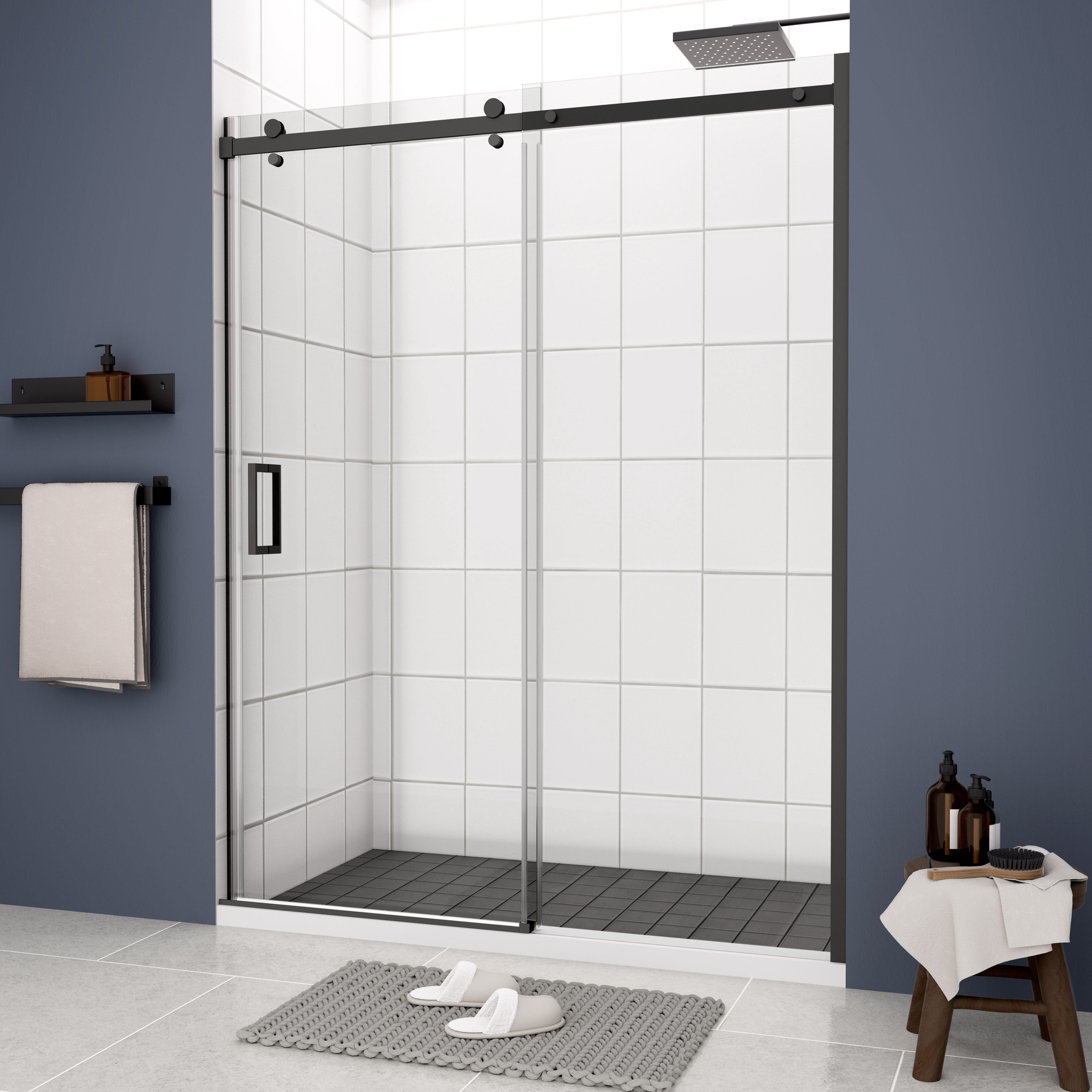 MAYEERTY 46-48"W x 74"H Double Sliding Shower Bypass Door, Tempered Glass & Stainless Steel Handle, Matte Black