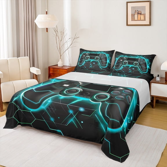 Feelyou Cyan Games Controller Twin Sheet Sets, Abstract Stripes Twin Fitted Sheet, Teens Kids Boys Girls Flat Sheet, Microfiber Bedroom Decor, 3-Piece