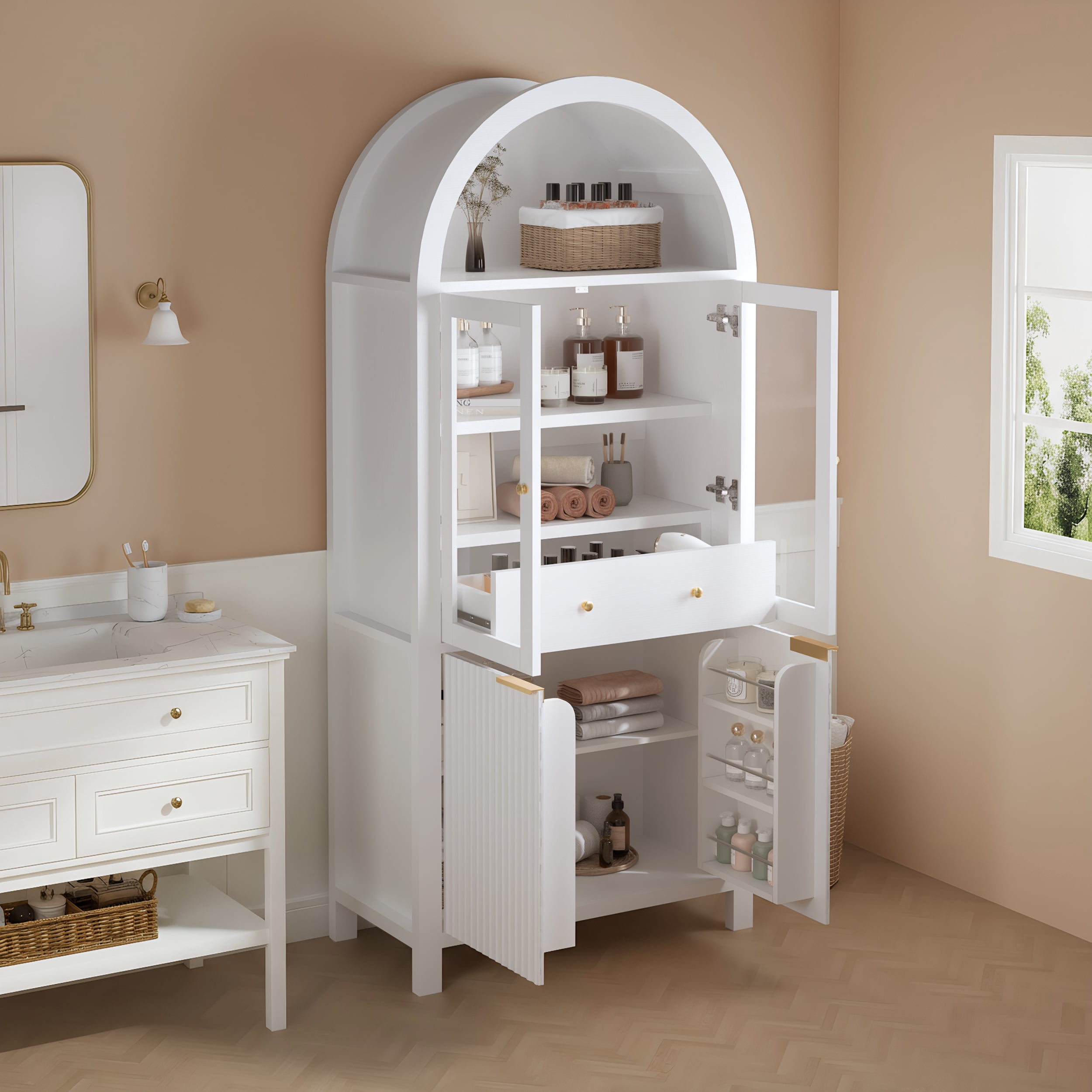 Mintazer 71" Fluted Tall Arched Kitchen Pantry Cabinet with Adjustable Shelves, Freestanding Storage Cabinet with Glass Doors & Drawer for Kitchen Living Room Dining Room, White