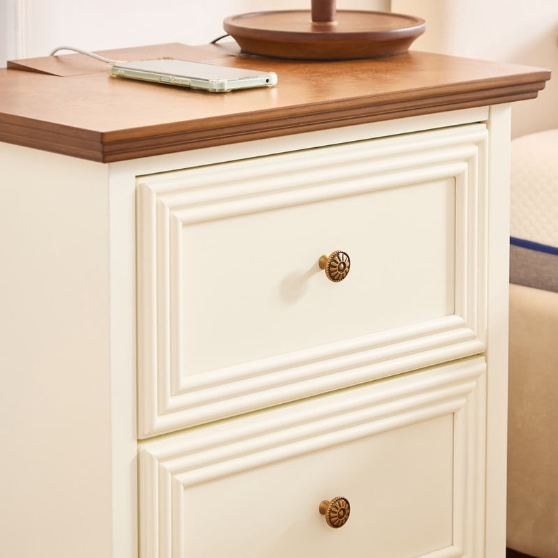 1Pcs Mid-Century Modern Nightstand with Hiiden Charging Station & Adjustable Feet, Wood Side Table Stroage Cabinet with 2 Drawers