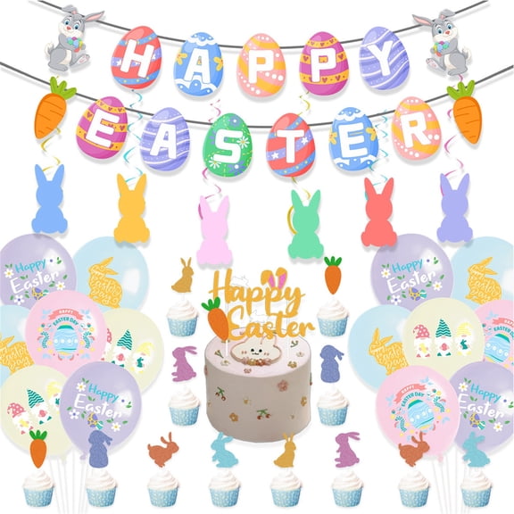35 Pcs Easter Decorations Indoor Easter Décor, Easter Balloons, Happy Easter Banner, Easter Eggs & Easter Bunny Cup cake Topper for Home Office School Classroom Easter‘s Day Themed Party Decorations