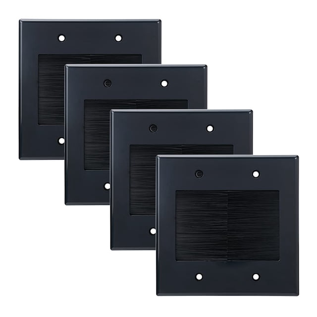 Kebulldola - Placa de pared con cepillo para polvo de 2 bandas (negro, paquete de 4), placa de pared de cable de doble banda para cables de alimentación, cables de bajo voltaje y cables par