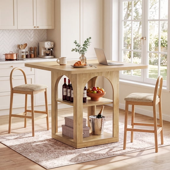 47.2" Square Bar Table with Storage Shelves & Arched Side Panels, Farmhouse Counter Height Pub Table for Kitchen Dining Room