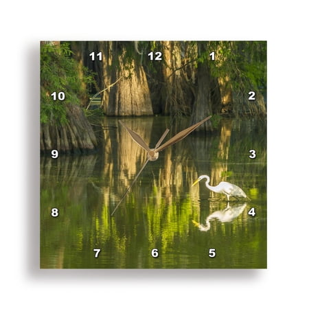 3drose, Usa, Louisiana, Lake Martin. Sunrise Cypress Forest with Great Egret, 10x10 Wall Clock