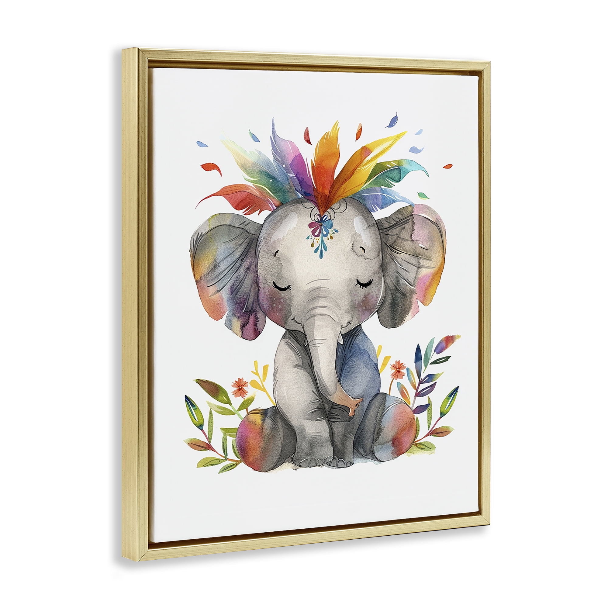 Stupell Industries Rainbow Blooms Elephant Animals Painting Gold Floater Framed Canvas Art Print Wall Art, 25 x 31