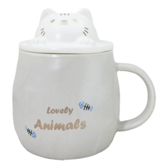 Whimsical Grey Chubby Feline Kitty Cat Cup Mug With Lid And Stirring Spoon