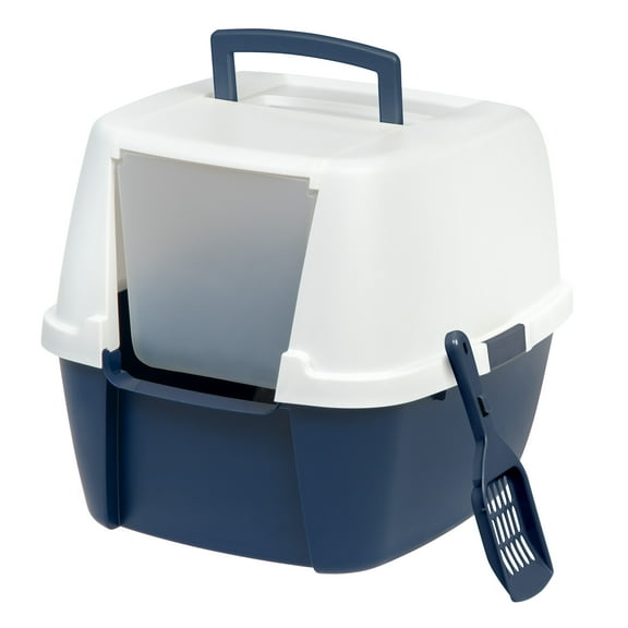 IRIS USA Jumbo Enclosed Hooded Cat Litter Box with Front Door Flap and Scoop, Navy