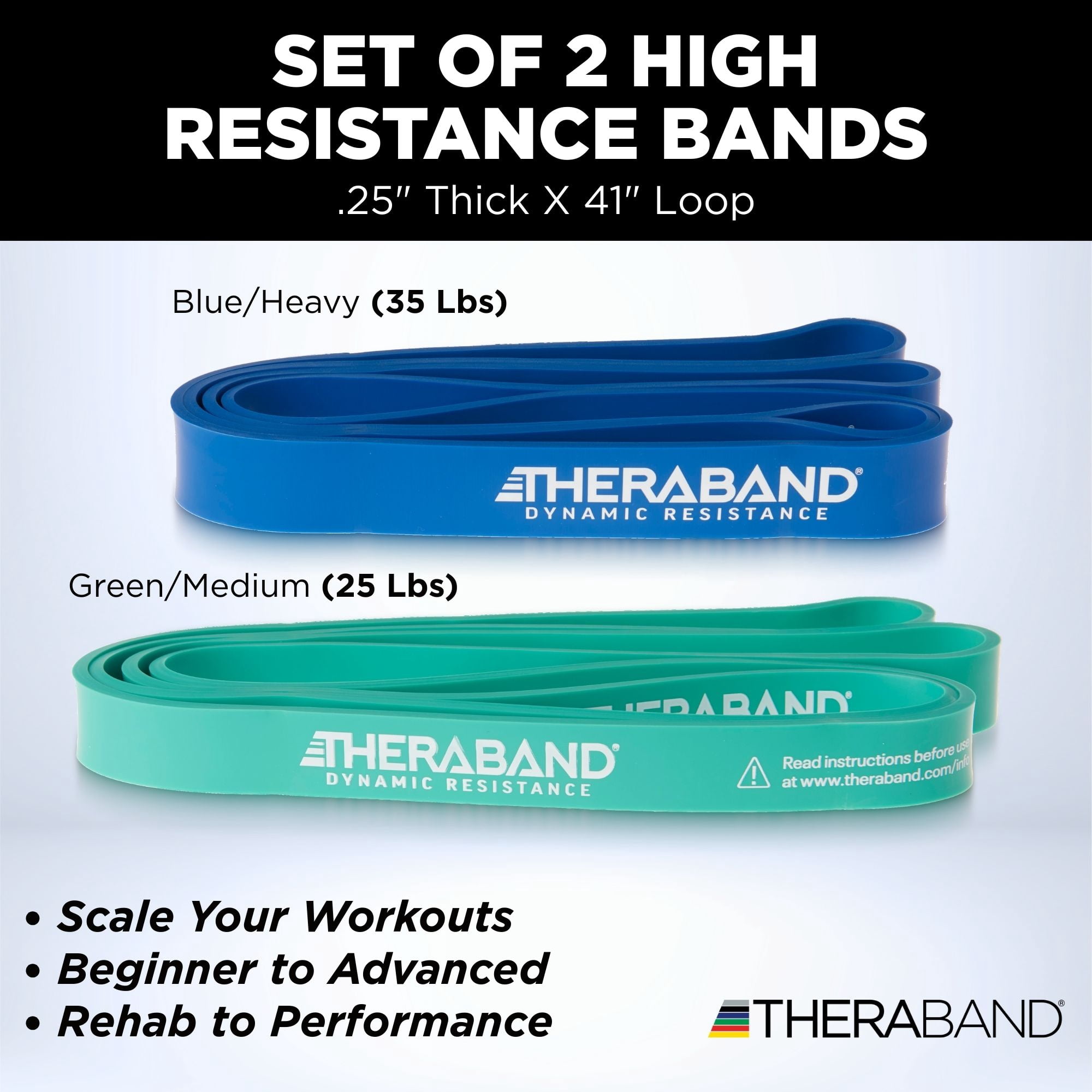 THERABAND High Resistance Band Set of 2, Medium and Heavy Elastic Super Bands for Full Body Workouts, Physical Therapy, Strength Training, Durable 41” Loop Exercise Bands, 25-35 lbs Resistance