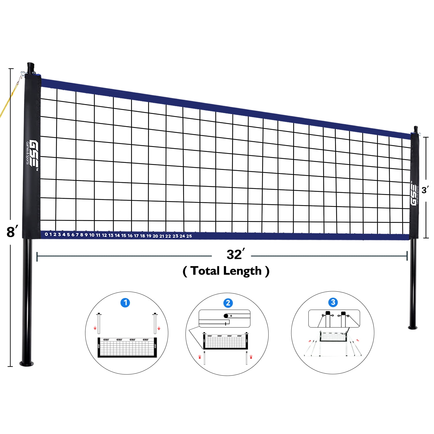 GSE Games & Sports Expert Recreational Portable Volleyball Complete Net Set. Including Volleyball Net System with Volleyball, Pump, and Carrying Bag for Outdoor Park, Backyard Lawn, Beach