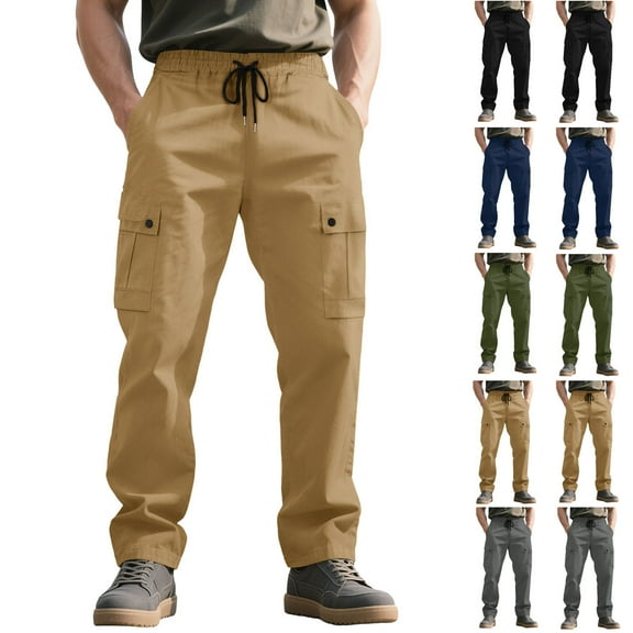 Fengqque Mens Casual Cargo Pants Baggy Straight Leg Sweatpants with Large Flap Pockets Hiking Sports Trousers Navy XL(XL)