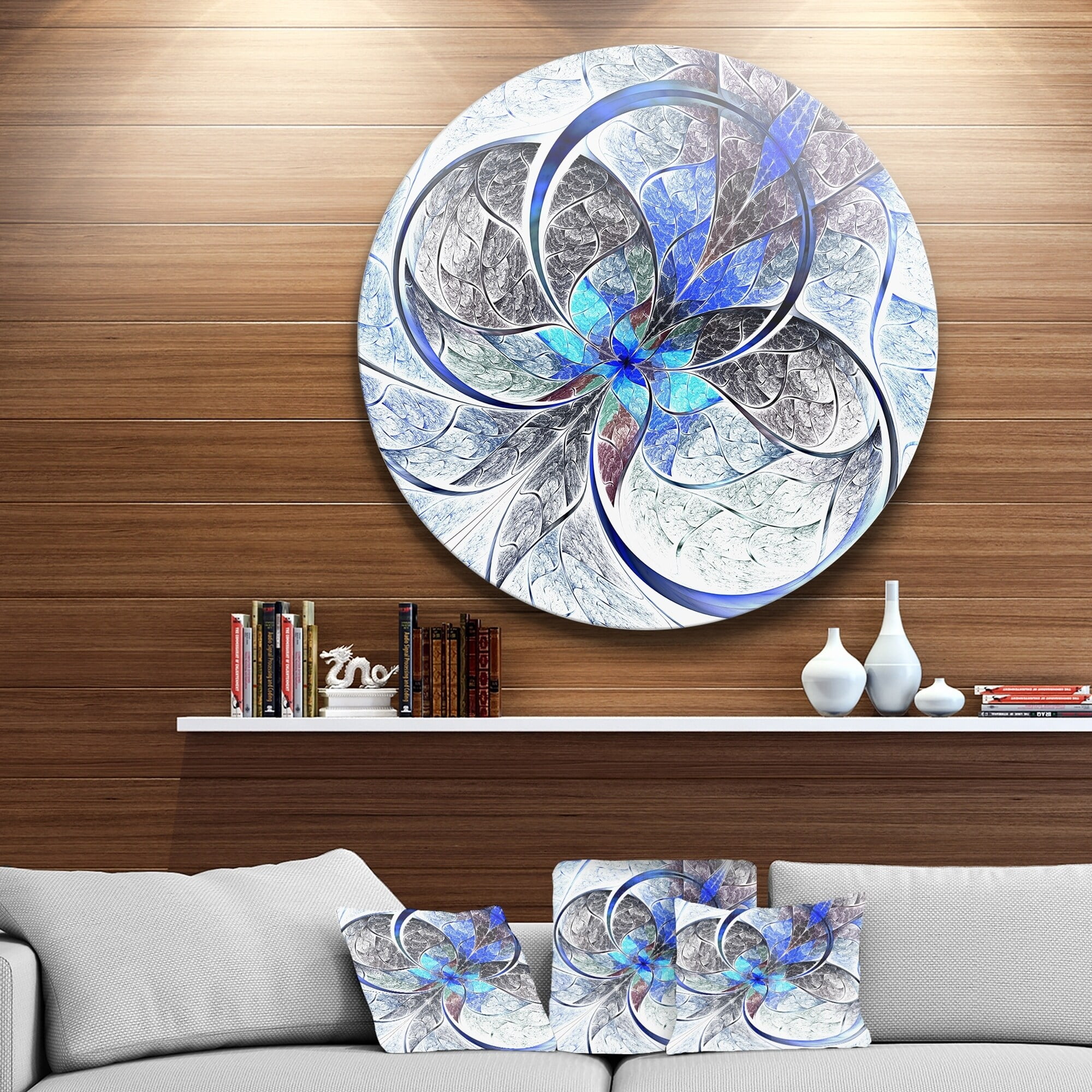 Designart 'Symmetrical Blue Fractal Flower' Disc Large Contemporary Circle Metal Wall Arts