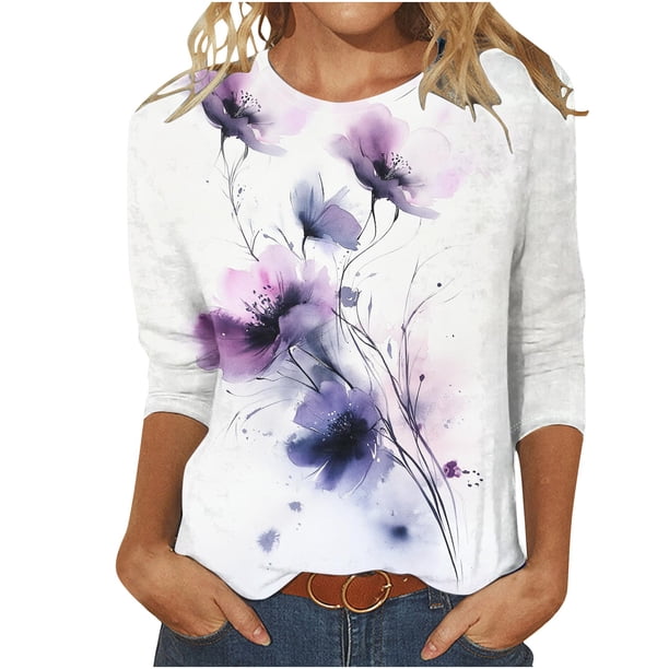 Tops de Manga de Cuarto para las Mujeres de Moda Impreso Estilo Étnico Casual Cuello Redondo, Imitación de Algodón