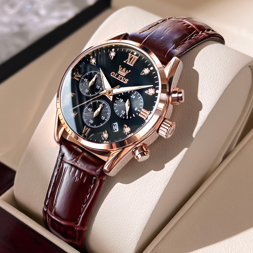 OLEVS Watches for Womens Brown Leather Strap Analog Quartz Rose Gold Fashion Casual Dress Multifunction Chronograph Diamond Date Waterproof Luminous Ladies Watches Relojes para Mujer