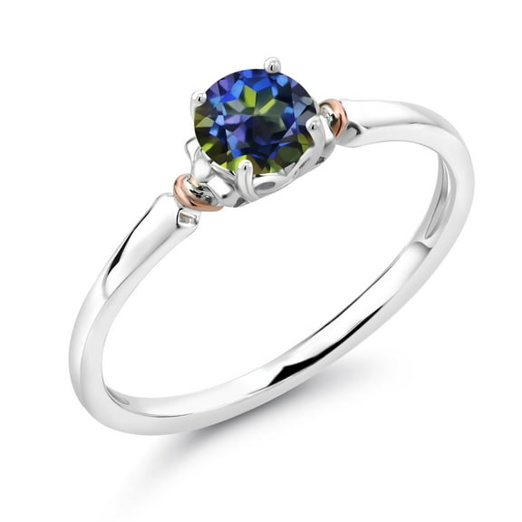 Gem Stone King 925 Sterling Silver and 10K Rose Gold Blue Mystic Topaz Solitaire Engagement Ring for Women (0.50 Cttw, Gemstone, Round 5MM, Available in Size 5, 6, 7, 8, 9)