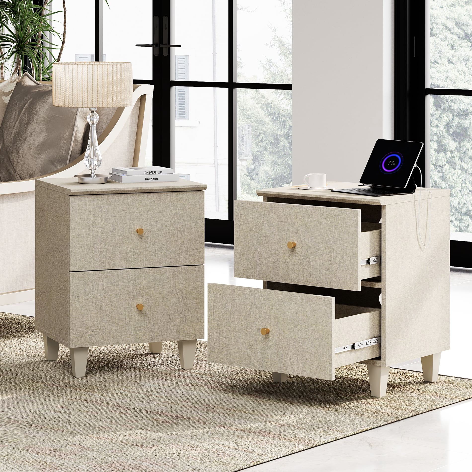 WAMPAT Dresser and Nightstands Set of 3, Wood Dresser with 6 Drawers, 2 Pieces Nightstands with Charging Stations for Living Room, Beige Linen Printed