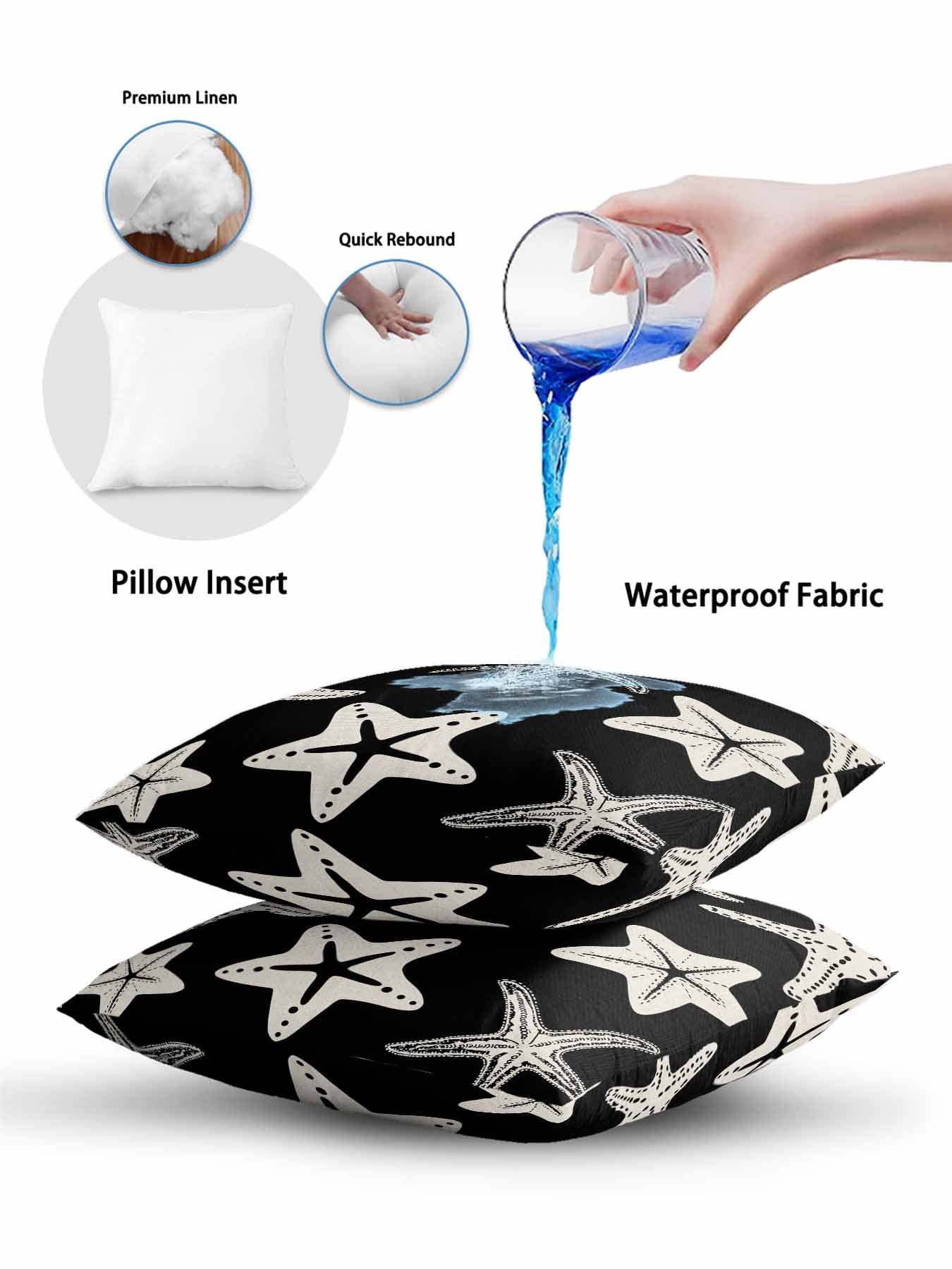 Outdoor Pillows Waterproof, Black Starfish Coastal Bedding Throw Pillows with Insert for Couch Sofa Bed, Nautical Summer Ocean Abstract Art 12x20 Inch Pillowcases Decorative Patio Pillow Set of 1