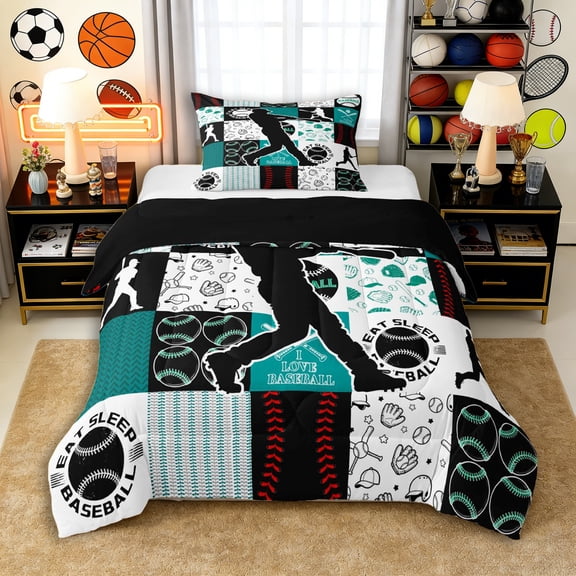 Erosebridal Teens Baseball Print Twin Comforter Sets 3-Piece,Kids Boys Sport Gamer Geometric Grid Bedding Set,Black Reversible,Super Cozy Room Decor