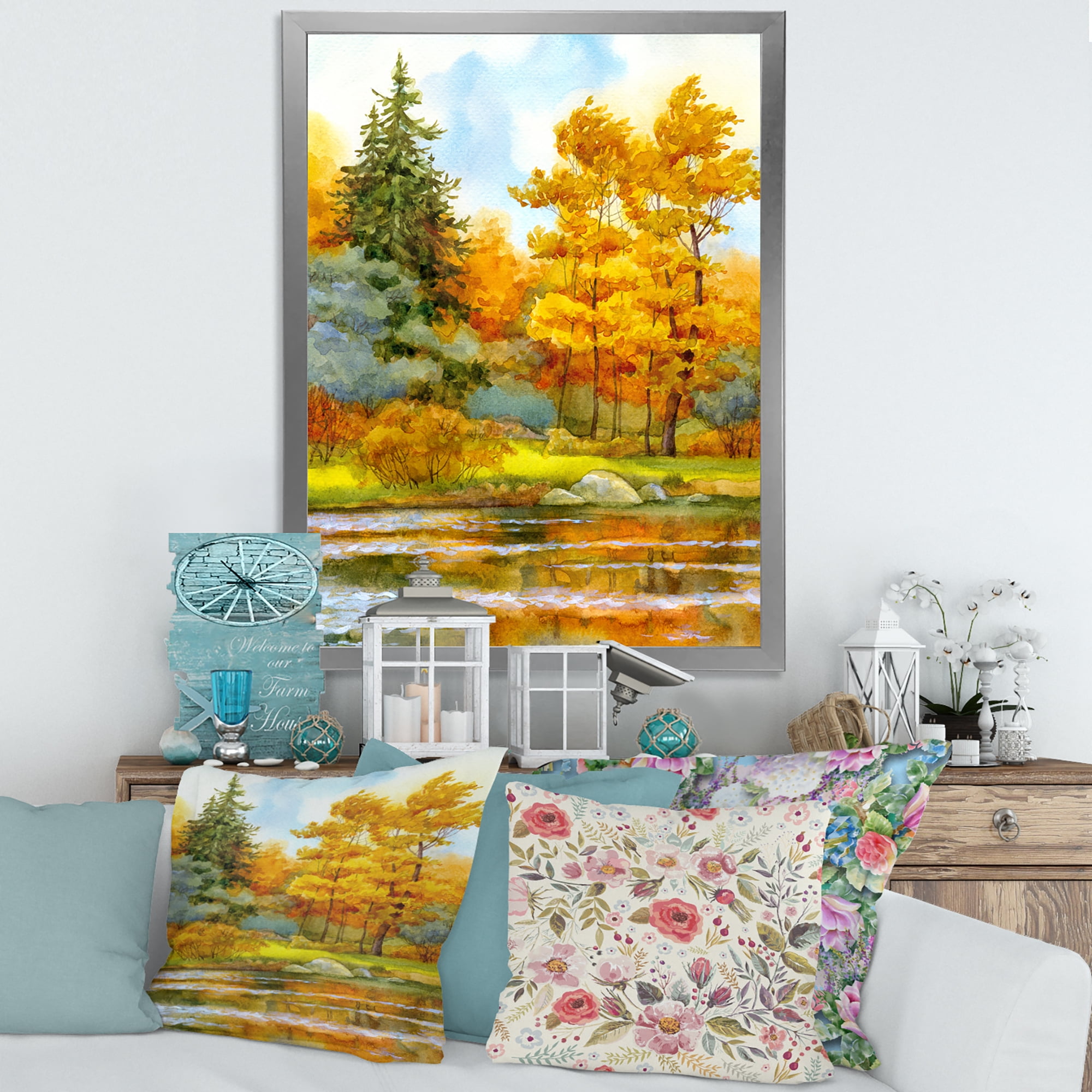 Designart 'Autumn Forest By The Lake Side I' Lake House Framed Art Print