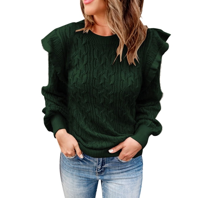Chandail Décontracté pour Femmes Col Rond à Volants Manches Longues Tricoté Haut Ourlet Côtelé Confortable Chaud