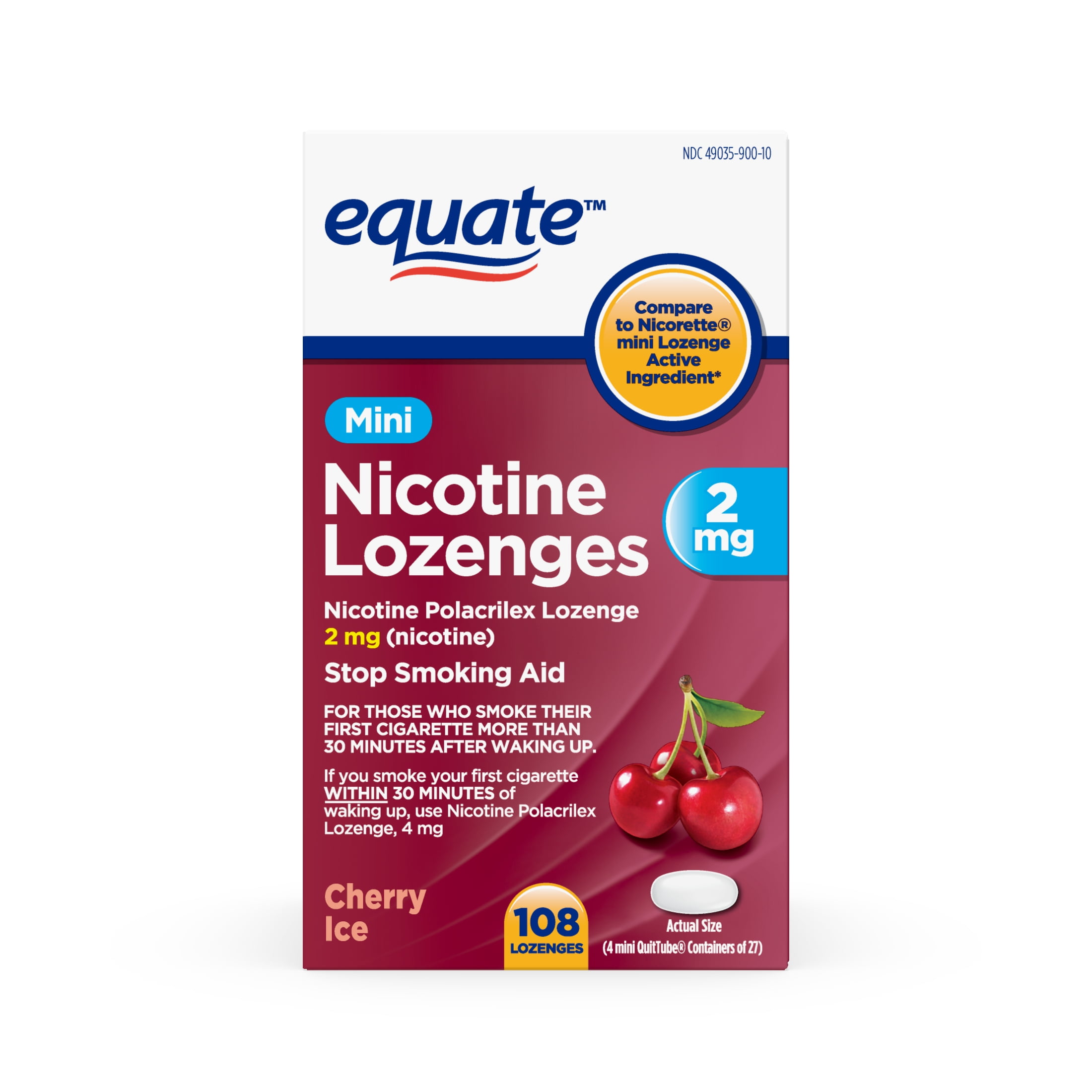 Equate Mini Nicotine Polacrilex Lozenge, 2 mg, Cherry Ice Flavor, 108 Count