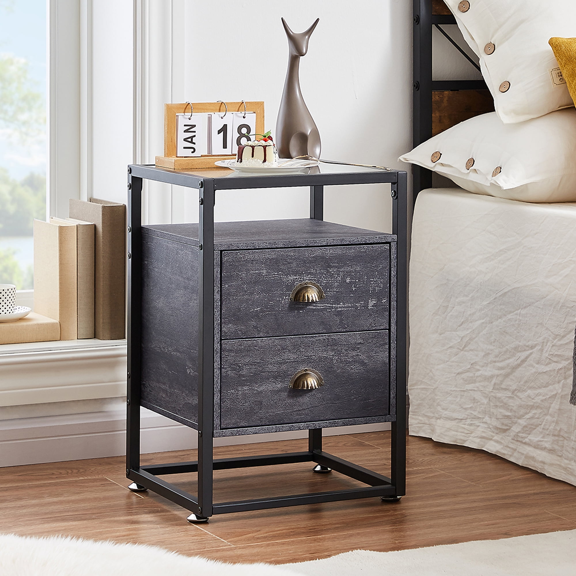 VECELO Tempered Glass Top Nightstand with 2Drawer, Modern Side End