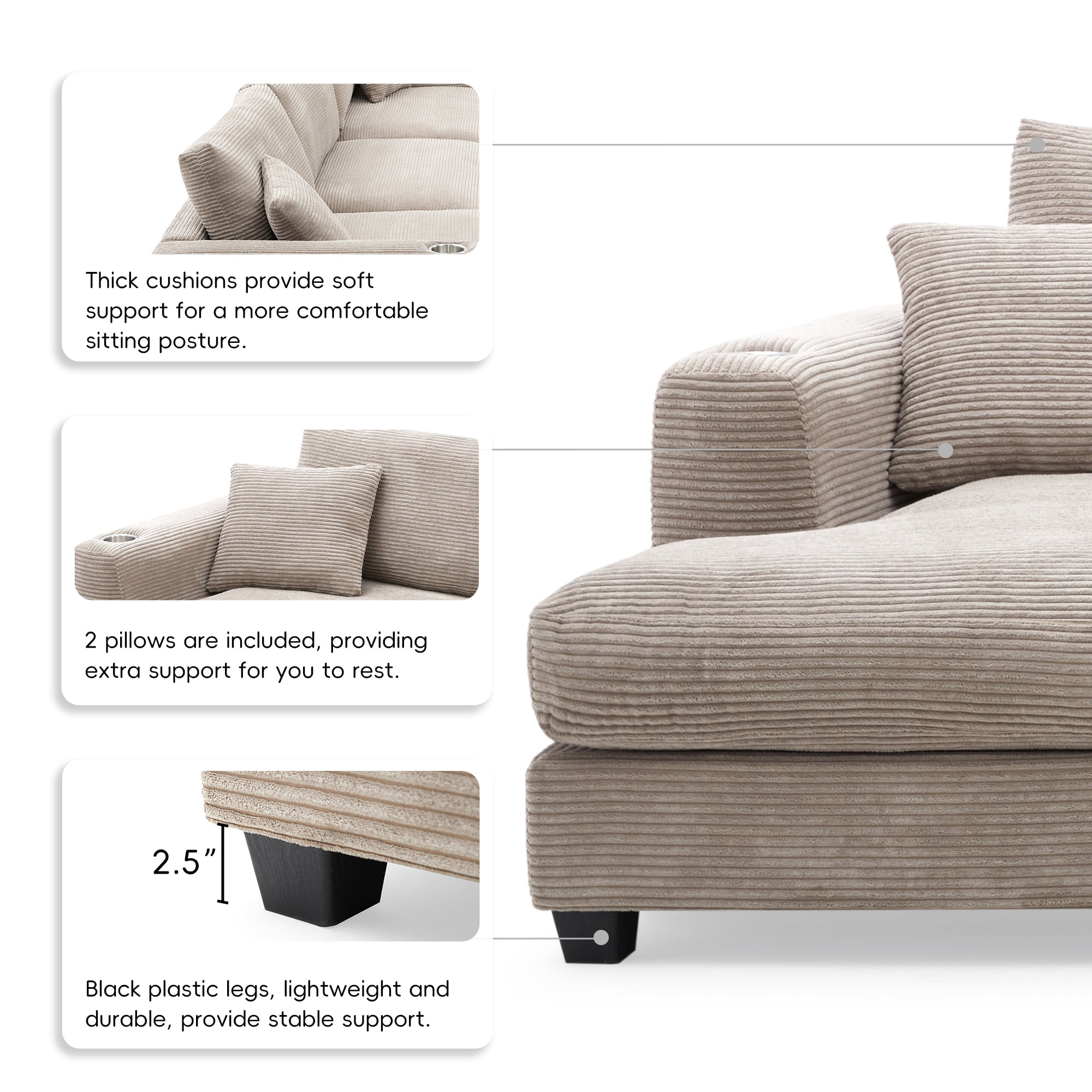 EUROCO 134" Oversized L Shaped Sectional Sofa Couch, 4 Seat Corduroy Deep Seat Sofa Bed with USB Charging Port, Cup Holder and 50" Chaise, Comfy Indoor Furniture for Living Room, khaki
