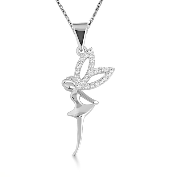 925 Sterling Silver Mystical Fairy Studded Pendant Necklace (16 Inches)