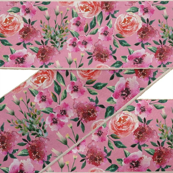 IBA Indianbeautifulart Pink Flower & Leaves Watercolor Dupion Trim Fabric Sewing Fabric Lace Dressmaking Printed Sewing Lace By 9 Yard 4 Inches