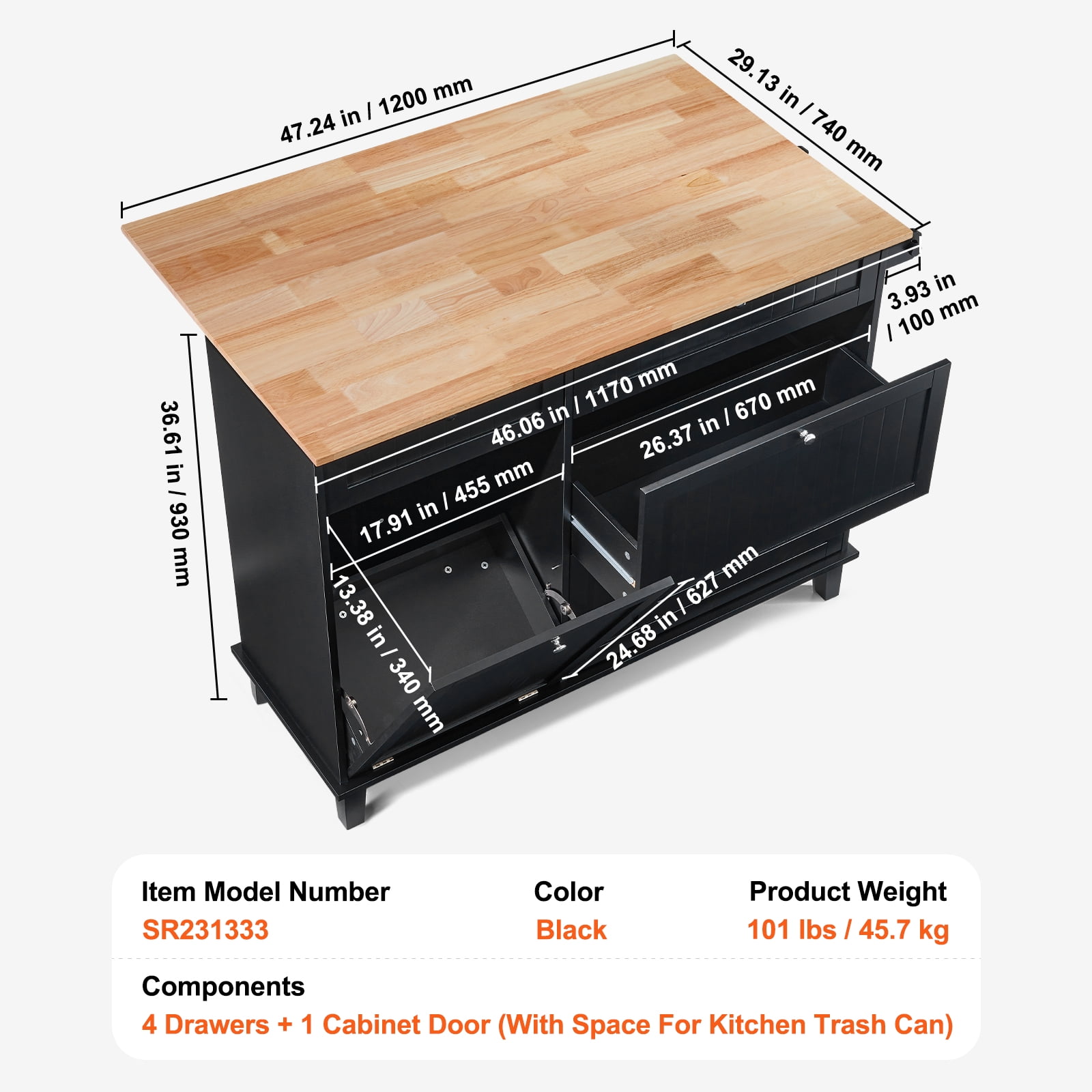 VEVOR Kitchen Island Cart, 50" Wood Top Breakfast Bar with Trash Cabinet Tilt Out 10 Gallon Storage, Farmhouse Dining Living Room Table with Drop Leaf, Towel Bar, Drawer, Black