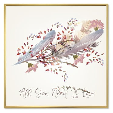 Designart 'Pink Feathers and Flowers All You Need Is Love' Bohemian & Eclectic Framed Canvas Wall Art Print