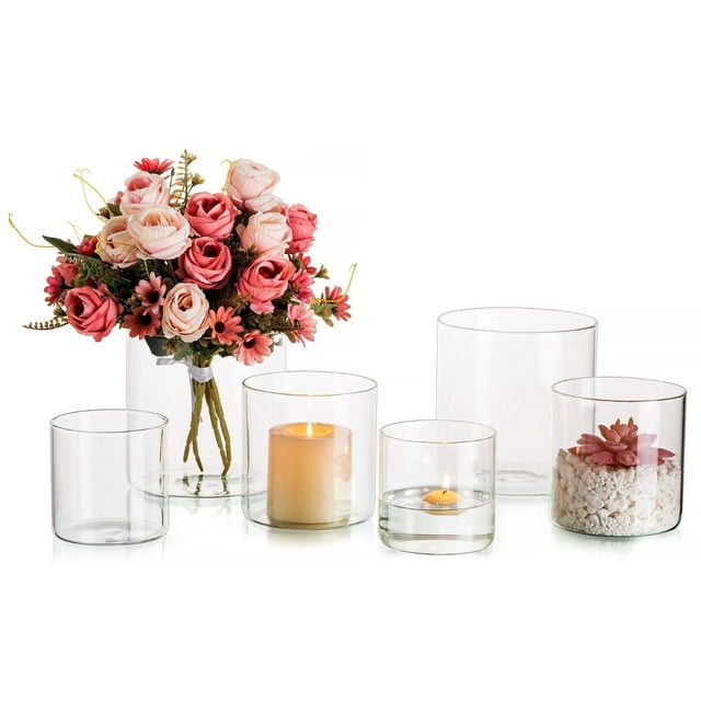 Glasseam Wide Clear Glass Cylinder Vases in Bulk 5.9"+4.7"+3.9" Set of