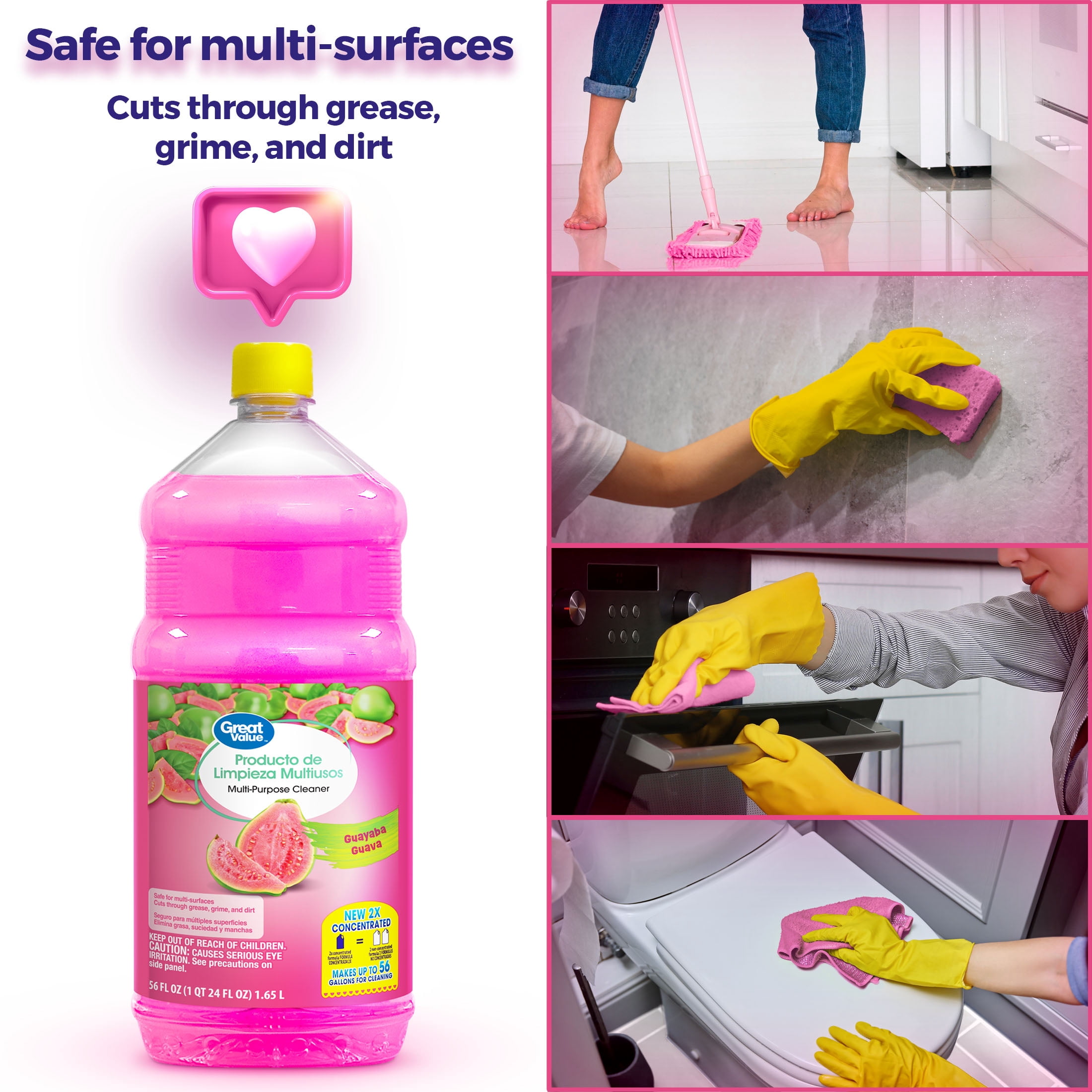 Great Value Multi-Purpose Cleaner & Floor Cleaner 2x Concentrated, Guava, 56 fl oz