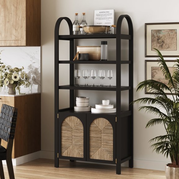 Nathan James Leah Bohemian Arched Bookcase, 3-Tier Bookshelf with Storage Cabinet Base, Seagrass Door Fronts and Solid Wood Frame, Black/Seagrass