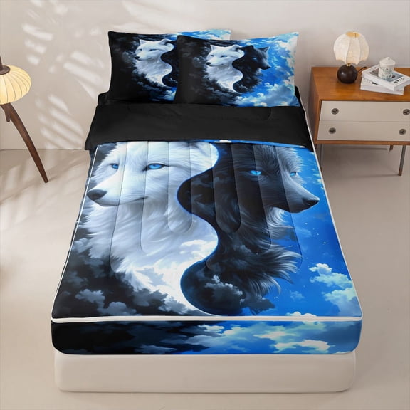 Homewish Yin Yang Black White Wolf Print Zipper Twin Comforter Sets with Fitted Sheet and 2 Pillowcases,Cloudy Sky Zipper Bedding Set For Men And Women,Reversible,4-Piece
