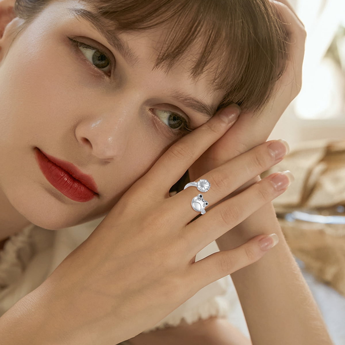 YAFEINI Frog Fidget Spinner Ring Sterling Silver Adjustable Frog Ring Anti Stress Jewelry Gift for Women
