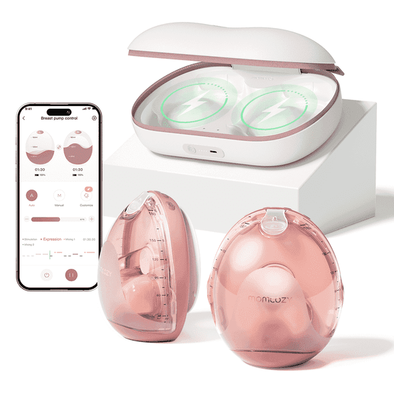 Momcozy Air 1 Hands-Free Wearable Breast Pump with Wireless Charging Case, App Control, Auto Mode, Full-Milk Alert & Transparent Top for Easy Nipple Alignment, Ultra-Slim Portable Design