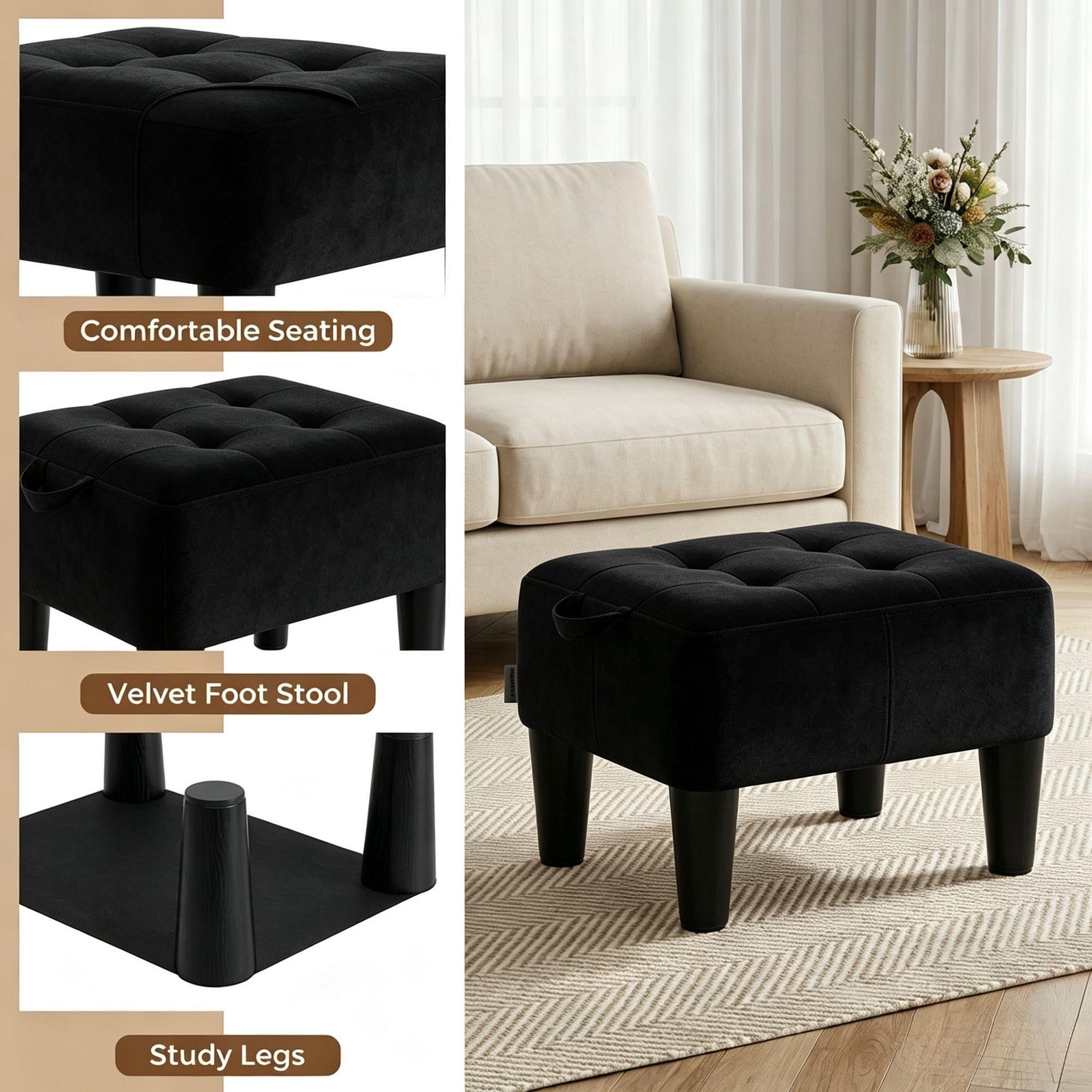Ledrem Small Footstool Ottoman with Thick Cushion, Angled Legs, Hidden Storage Compartment, Ink Black