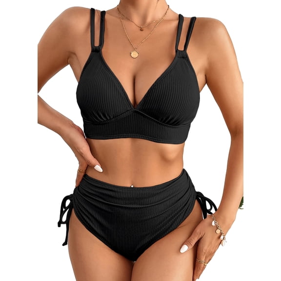 Eytino Bikinis for Women High Waisted Bikini Sets Swimsuit Ribbed V Neck Drawstring Tie Side Bottom Two Piece Bathing Suit Black M