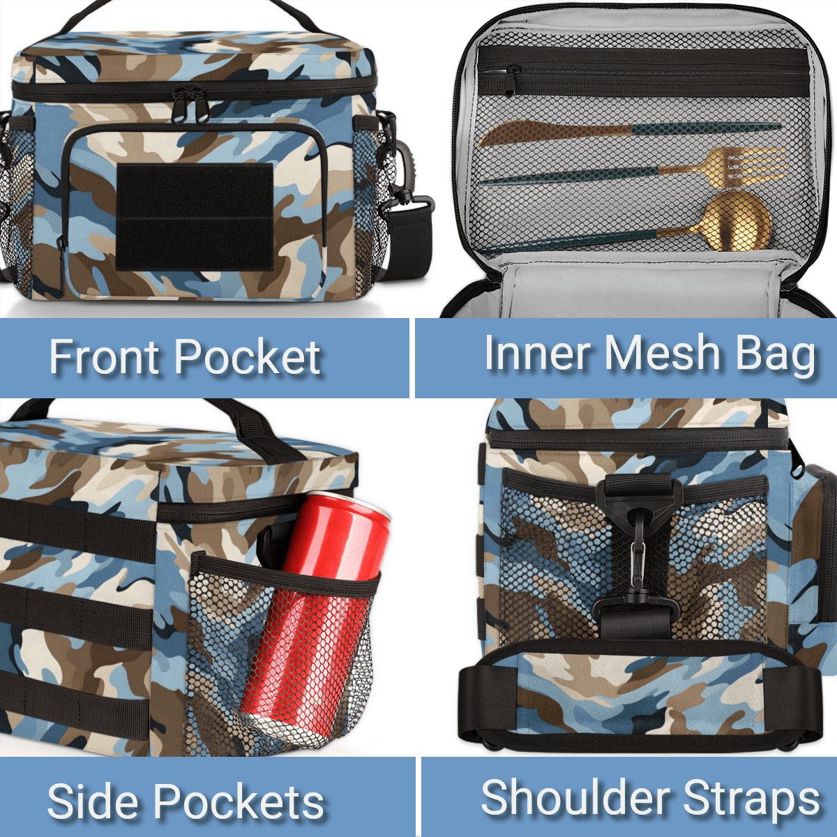Water-Resistant Tactical Lunch Bag，0.4 Inch Insulated Meal Prep Bag with Removable Strap & Pouch,Camouflage Cooler Bag for Work,Gym,or Outdoor