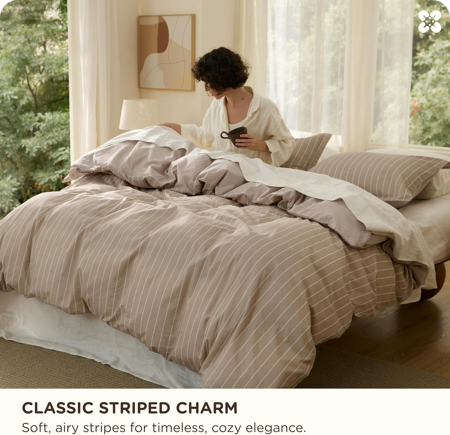 Striped Duvet Cover Queen Size, 100% Washed Cotton PureWoven Duvet Cover Linen Like Textured, Classic Striped Pattern Enhances Bedroom Comfort and Style, Stripes Olive Green, 90"x90"