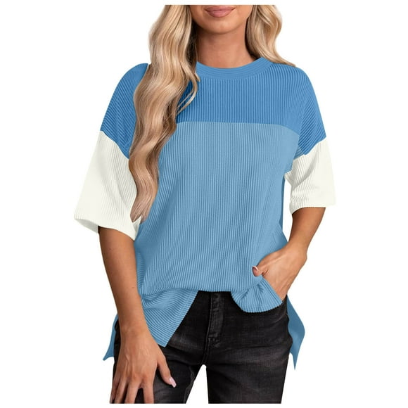 Fartey Oversized Ribbed T Shirts for Women Trendy Color Block Short Sleeve Tops Casual Loose Crew Neck Tee Shirt Soft Comfy Summer Holiday Blouse 2025 Fashion Y2K Clothes Blue S-2XL