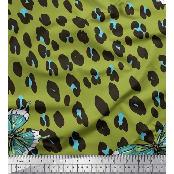 Soimoi Green Rayon Fabric Artistic Insect & Leopard Animal Skin Printed Fabric 1 Yard 42 Inch Wide